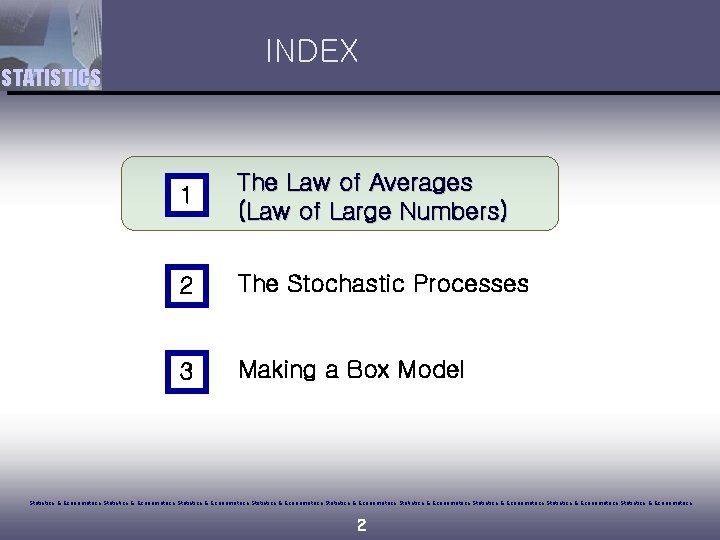 INDEX STATISTICS 1 The Law of Averages (Law of Large Numbers) 2 The Stochastic