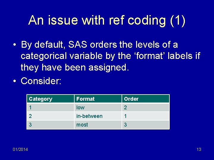 An issue with ref coding (1) • By default, SAS orders the levels of