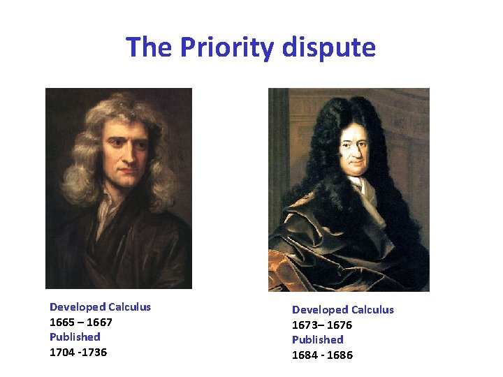 The Priority dispute Developed Calculus 1665 – 1667 Published 1704 -1736 Developed Calculus 1673–