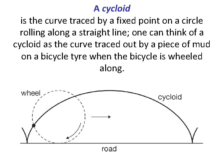A cycloid is the curve traced by a fixed point on a circle rolling