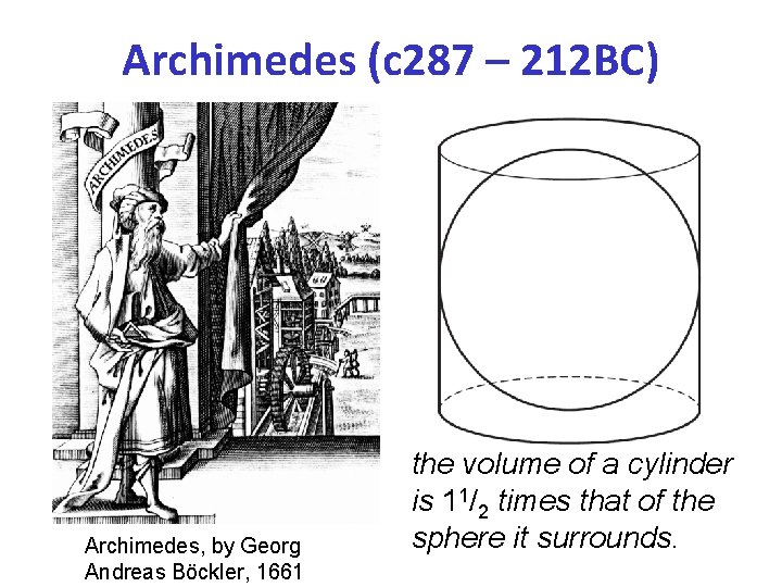Archimedes (c 287 – 212 BC) Archimedes, by Georg Andreas Böckler, 1661 the volume