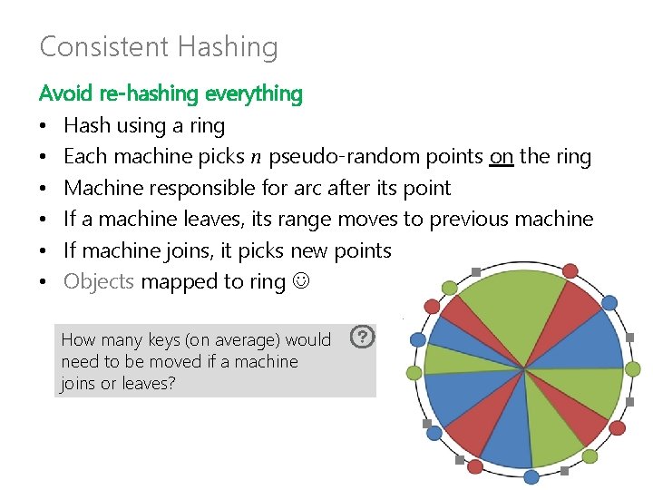 Consistent Hashing Avoid re-hashing everything • Hash using a ring • Each machine picks