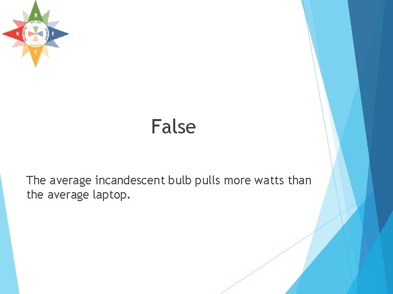 False The average incandescent bulb pulls more watts than the average laptop. False The average incandescent bulb pulls more watts than the average laptop.