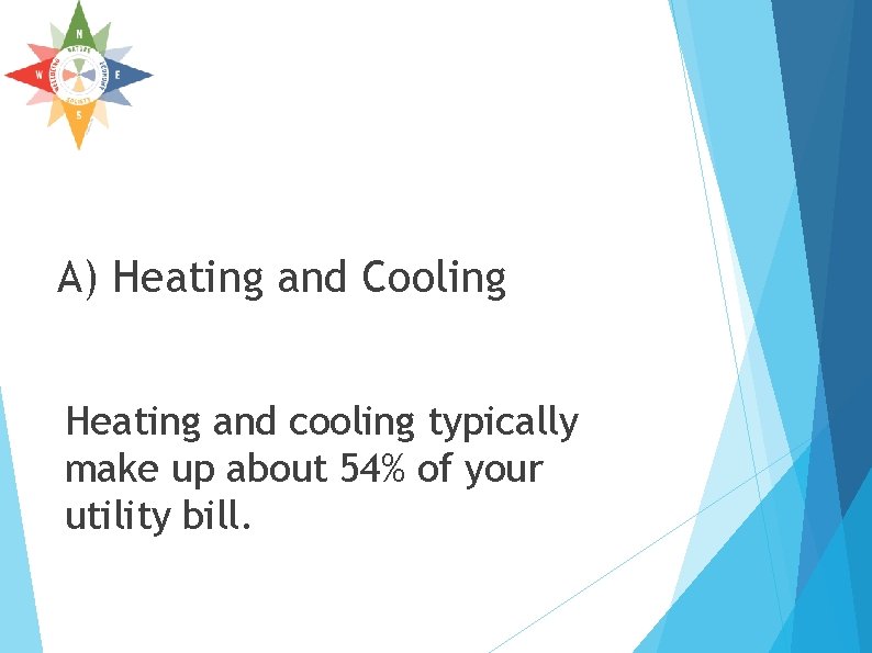 A) Heating and Cooling Heating and cooling typically make up about 54% of your A) Heating and Cooling Heating and cooling typically make up about 54% of your