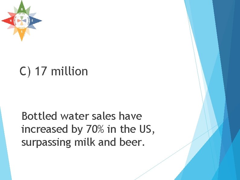 C) 17 million Bottled water sales have increased by 70% in the US, surpassing C) 17 million Bottled water sales have increased by 70% in the US, surpassing