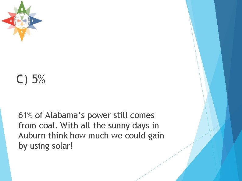 C) 5% 61% of Alabama’s power still comes from coal. With all the sunny C) 5% 61% of Alabama’s power still comes from coal. With all the sunny