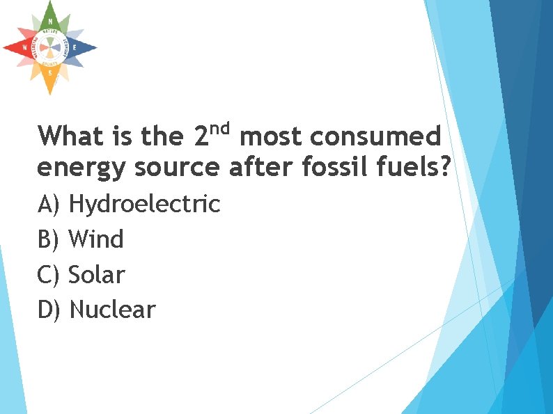 nd What is the 2 most consumed energy source after fossil fuels? A) Hydroelectric nd What is the 2 most consumed energy source after fossil fuels? A) Hydroelectric