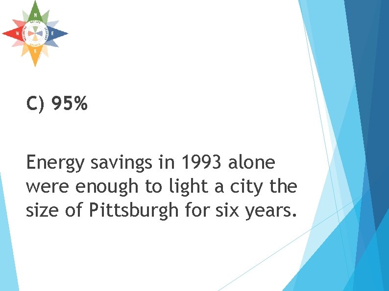 C) 95% Energy savings in 1993 alone were enough to light a city the C) 95% Energy savings in 1993 alone were enough to light a city the