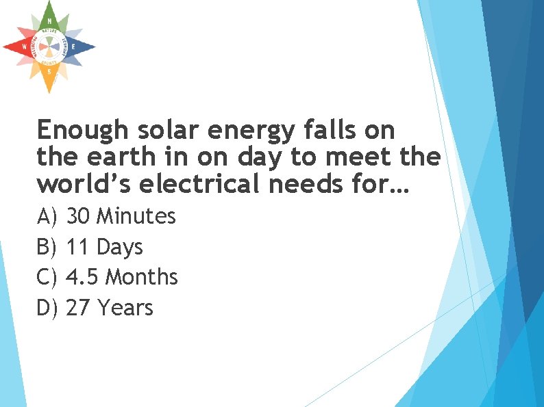 Enough solar energy falls on the earth in on day to meet the world’s Enough solar energy falls on the earth in on day to meet the world’s