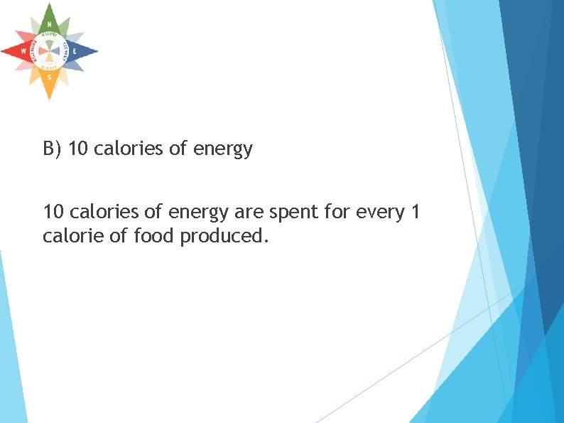 B) 10 calories of energy are spent for every 1 calorie of food produced. B) 10 calories of energy are spent for every 1 calorie of food produced.