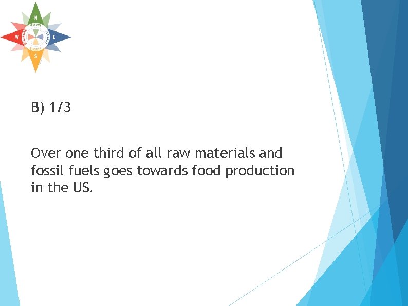 B) 1/3 Over one third of all raw materials and fossil fuels goes towards B) 1/3 Over one third of all raw materials and fossil fuels goes towards