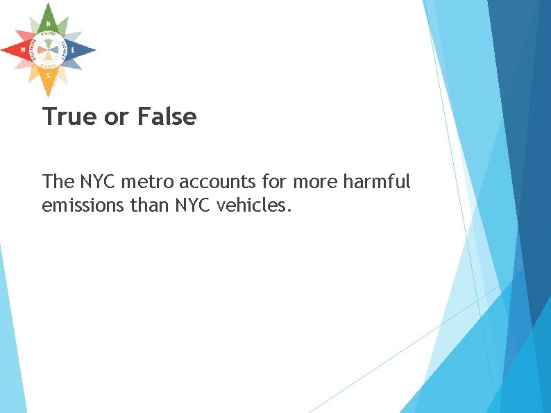 True or False The NYC metro accounts for more harmful emissions than NYC vehicles. True or False The NYC metro accounts for more harmful emissions than NYC vehicles.