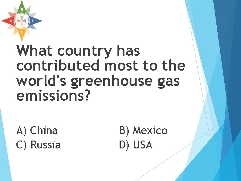 What country has contributed most to the world's greenhouse gas emissions? A) China C) What country has contributed most to the world's greenhouse gas emissions? A) China C)