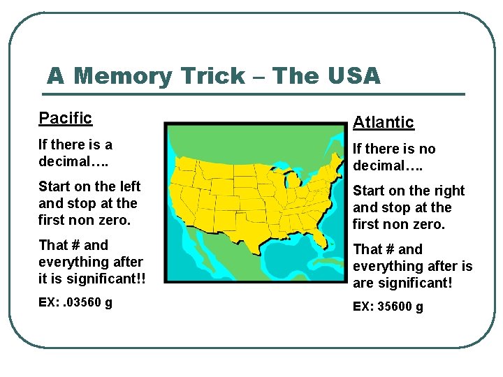 A Memory Trick – The USA Pacific Atlantic If there is a decimal…. If