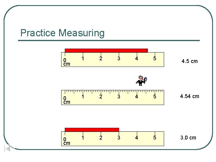 Practice Measuring 0 cm 1 2 3 4 5 4. 5 cm 0 cm