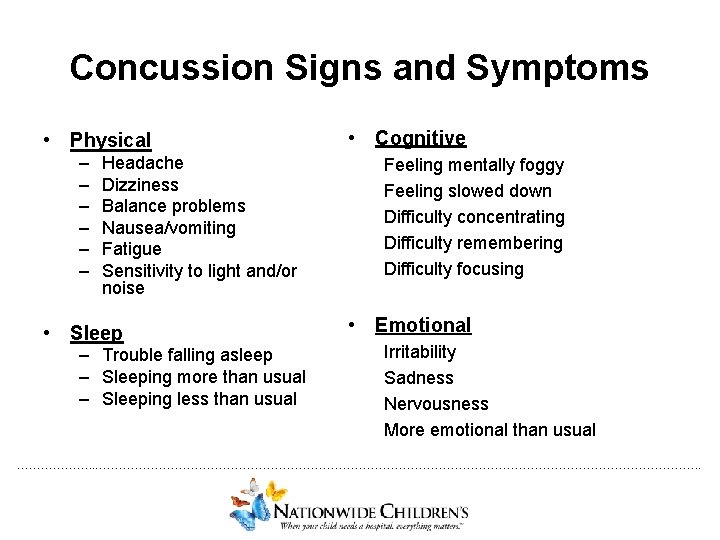 Concussion Signs and Symptoms • Physical – – – Headache Dizziness Balance problems Nausea/vomiting