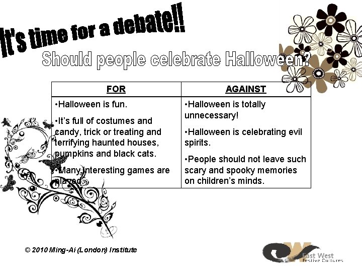 FOR AGAINST • Halloween is fun. • Halloween is totally unnecessary! • It’s full FOR AGAINST • Halloween is fun. • Halloween is totally unnecessary! • It’s full