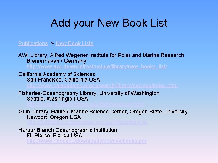 Add your New Book List Publications > New Book Lists AWI Library, Alfred Wegener