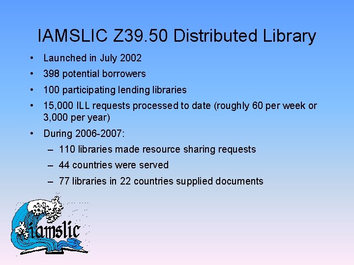 IAMSLIC Z 39. 50 Distributed Library • Launched in July 2002 • 398 potential