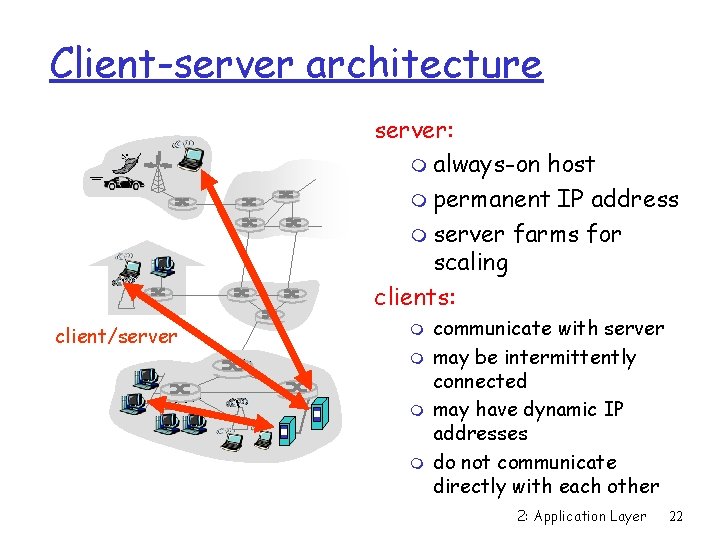 Client-server architecture server: m always-on host m permanent IP address m server farms for