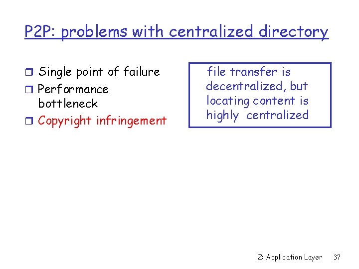 P 2 P: problems with centralized directory r Single point of failure r Performance