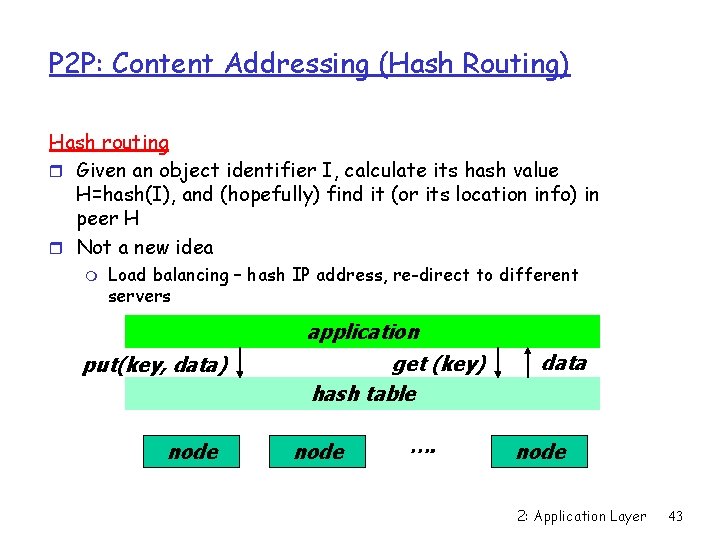 P 2 P: Content Addressing (Hash Routing) Hash routing r Given an object identifier