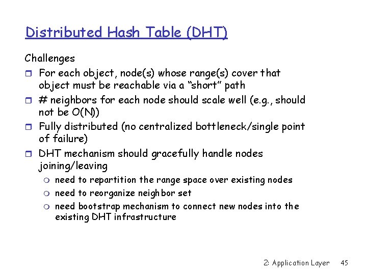 Distributed Hash Table (DHT) Challenges r For each object, node(s) whose range(s) cover that