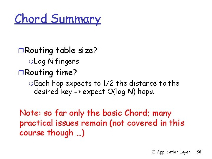 Chord Summary r Routing table size? m. Log N fingers r Routing time? m.