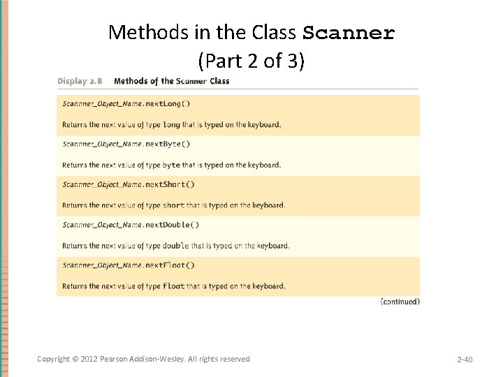 Methods in the Class Scanner (Part 2 of 3) Copyright © 2012 Pearson Addison-Wesley.