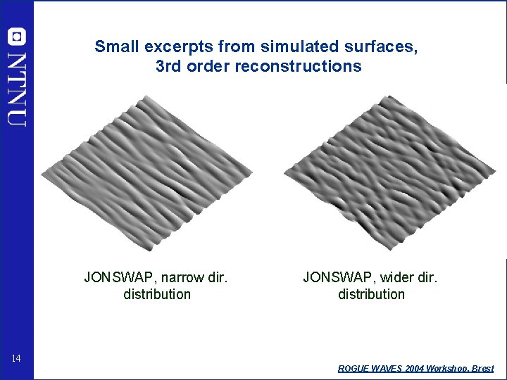 Small excerpts from simulated surfaces, 3 rd order reconstructions JONSWAP, narrow dir. distribution 14