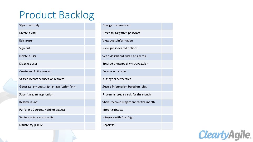 Product Backlog Sign-in securely Change my password Create a user Reset my forgotten password