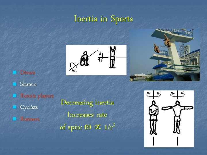 Inertia in Sports n n n Divers Skaters Tennis players Cyclists Runners Decreasing inertia