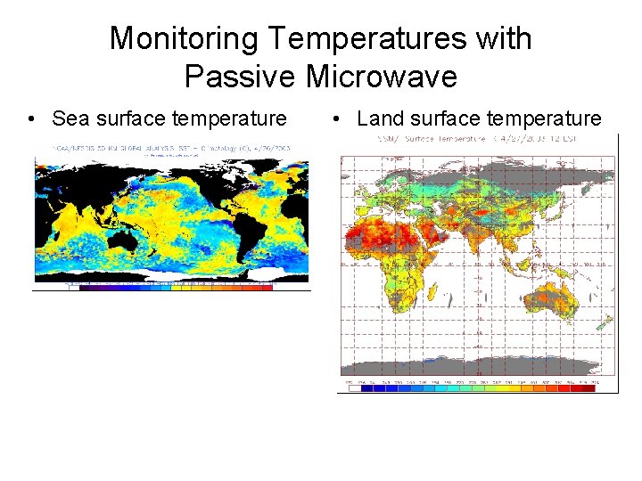 Monitoring Temperatures with Passive Microwave • Sea surface temperature • Land surface temperature 