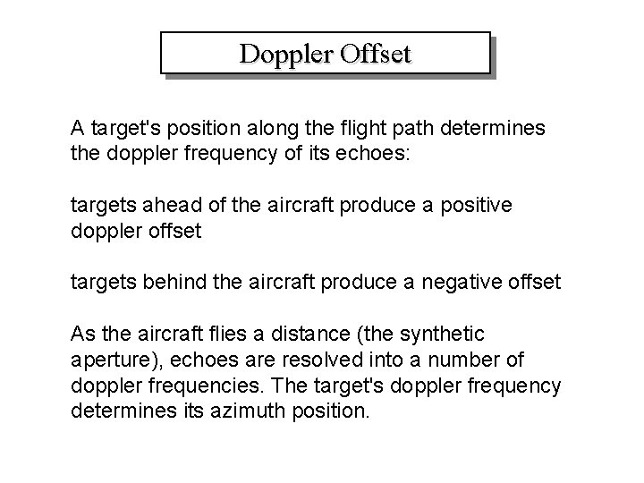 Doppler Offset A target's position along the flight path determines the doppler frequency of