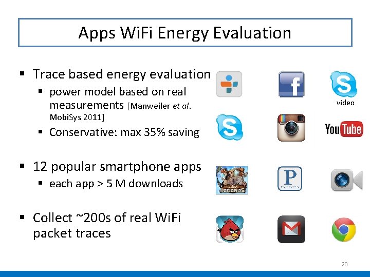 Apps Wi. Fi Energy Evaluation § Trace based energy evaluation § power model based Apps Wi. Fi Energy Evaluation § Trace based energy evaluation § power model based