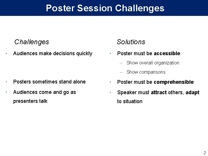 Poster Session Challenges • Audiences make decisions quickly Solutions • Poster must be accessible