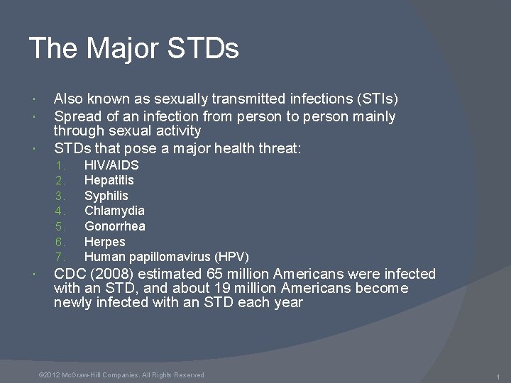 The Major STDs Also known as sexually transmitted infections (STIs) Spread of an infection