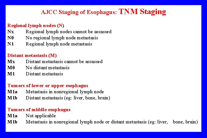 AJCC Staging of Esophagus: TNM Staging Regional lymph nodes (N) Nx Regional lymph nodes