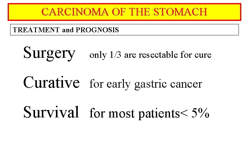 CARCINOMA OF THE STOMACH TREATMENT and PROGNOSIS Surgery only 1/3 are resectable for cure