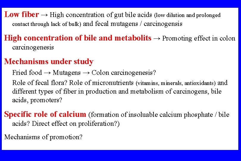 Low fiber → High concentration of gut bile acids (low dilution and prolonged contact