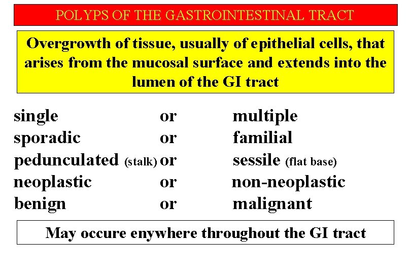 POLYPS OF THE GASTROINTESTINAL TRACT Overgrowth of tissue, usually of epithelial cells, that arises