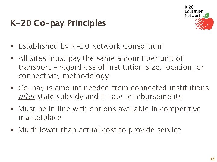 K-20 Co-pay Principles § Established by K-20 Network Consortium § All sites must pay