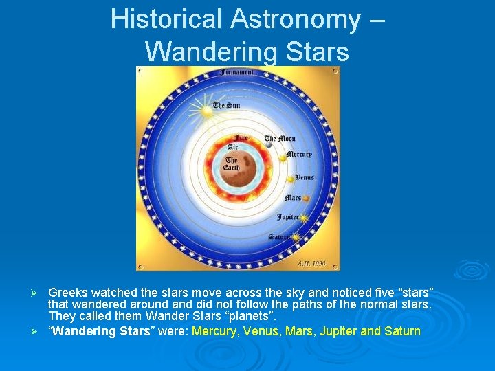 Historical Astronomy – Wandering Stars Greeks watched the stars move across the sky and