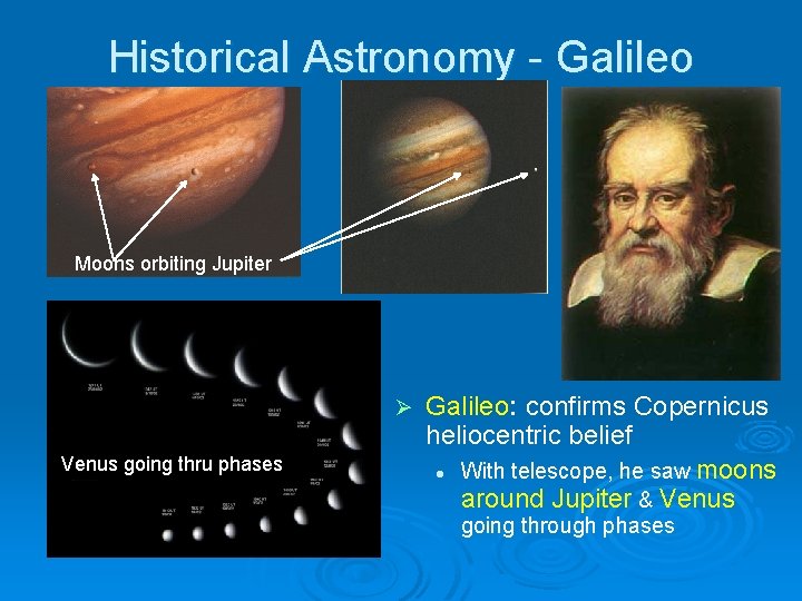 Historical Astronomy - Galileo Moons orbiting Jupiter Ø Venus going thru phases Galileo: confirms