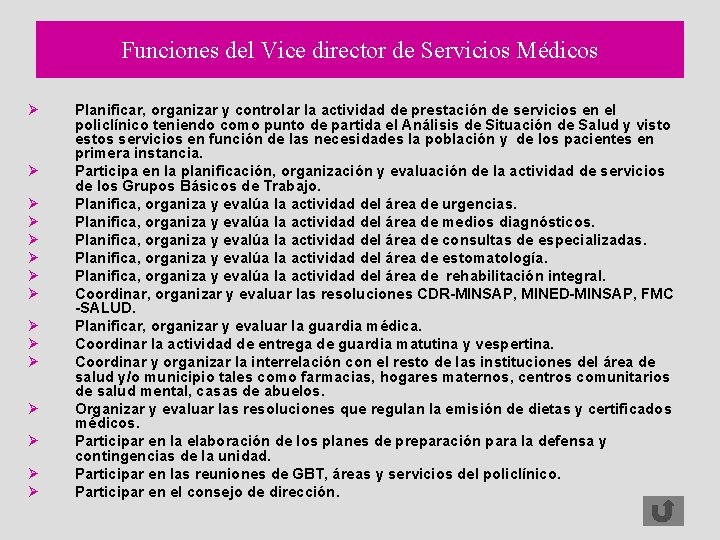 Funciones del Vice director de Servicios Médicos Ø Ø Ø Ø Planificar, organizar y