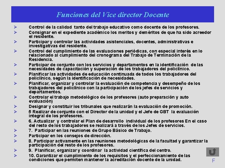 Funciones del Vice director Docente Ø Ø Ø Ø Control de la calidad tanto