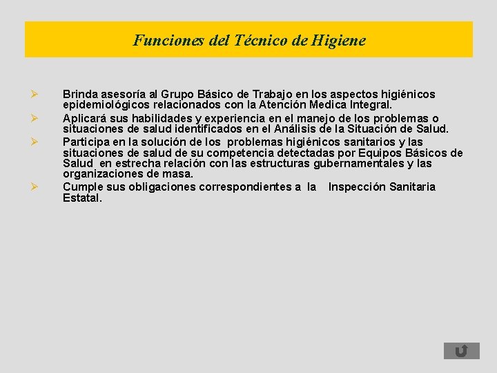 Funciones del Técnico de Higiene Ø Ø Brinda asesoría al Grupo Básico de Trabajo