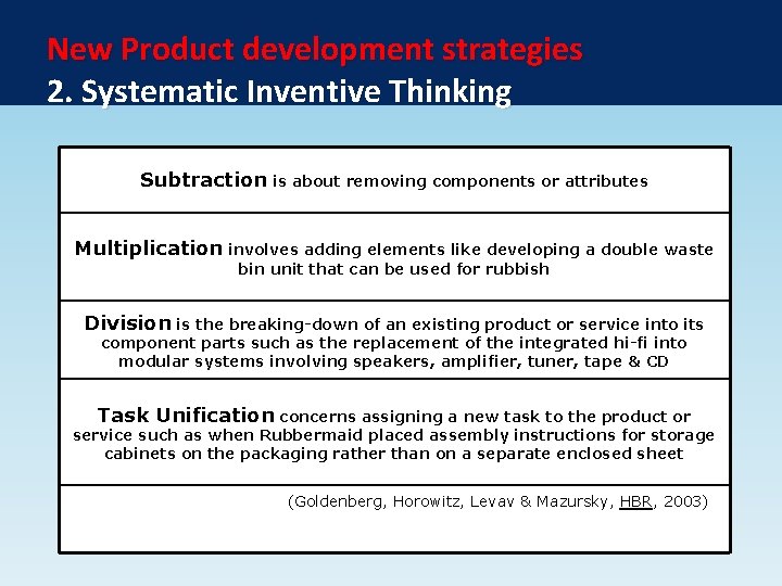 New Product development strategies 2. Systematic Inventive Thinking Subtraction is about removing components or New Product development strategies 2. Systematic Inventive Thinking Subtraction is about removing components or