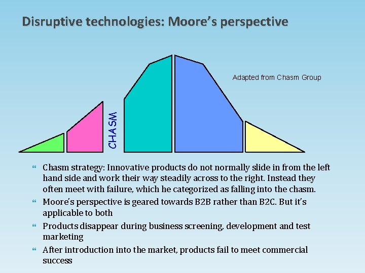 Disruptive technologies: Moore’s perspective CHASM Adapted from Chasm Group Chasm strategy: Innovative products do Disruptive technologies: Moore’s perspective CHASM Adapted from Chasm Group Chasm strategy: Innovative products do