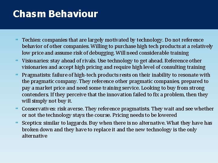 Chasm Behaviour Techies: companies that are largely motivated by technology. Do not reference behavior Chasm Behaviour Techies: companies that are largely motivated by technology. Do not reference behavior